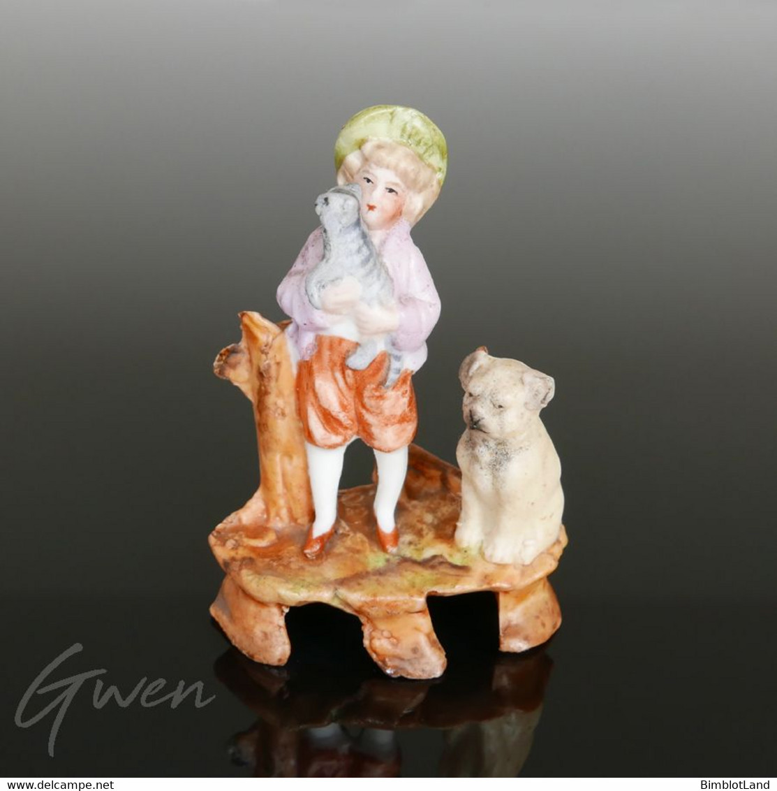 Figurine Ancienne Allemande Statuette Enfant Chien Chat Biscuit Sujet Miniature XIX - Personen