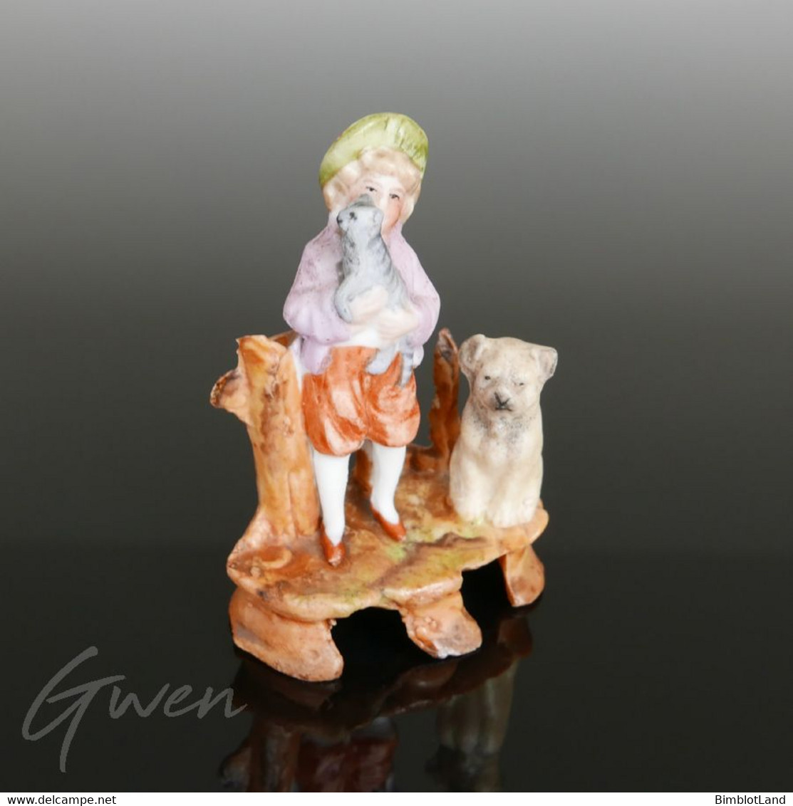 Figurine Ancienne Allemande Statuette Enfant Chien Chat Biscuit Sujet Miniature XIX - Personen