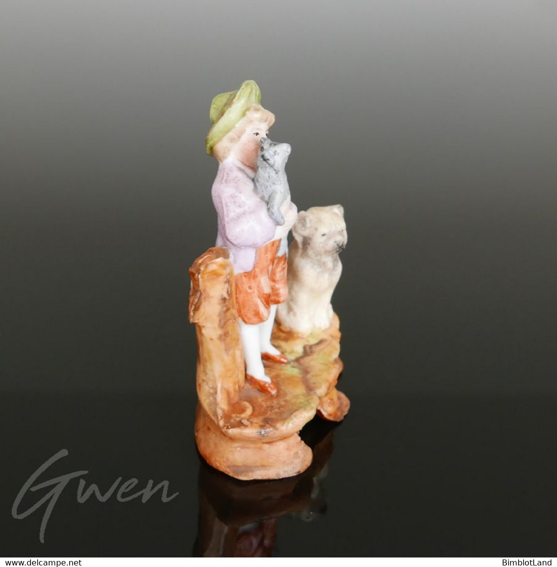 Figurine Ancienne Allemande Statuette Enfant Chien Chat Biscuit Sujet Miniature XIX - Personnages