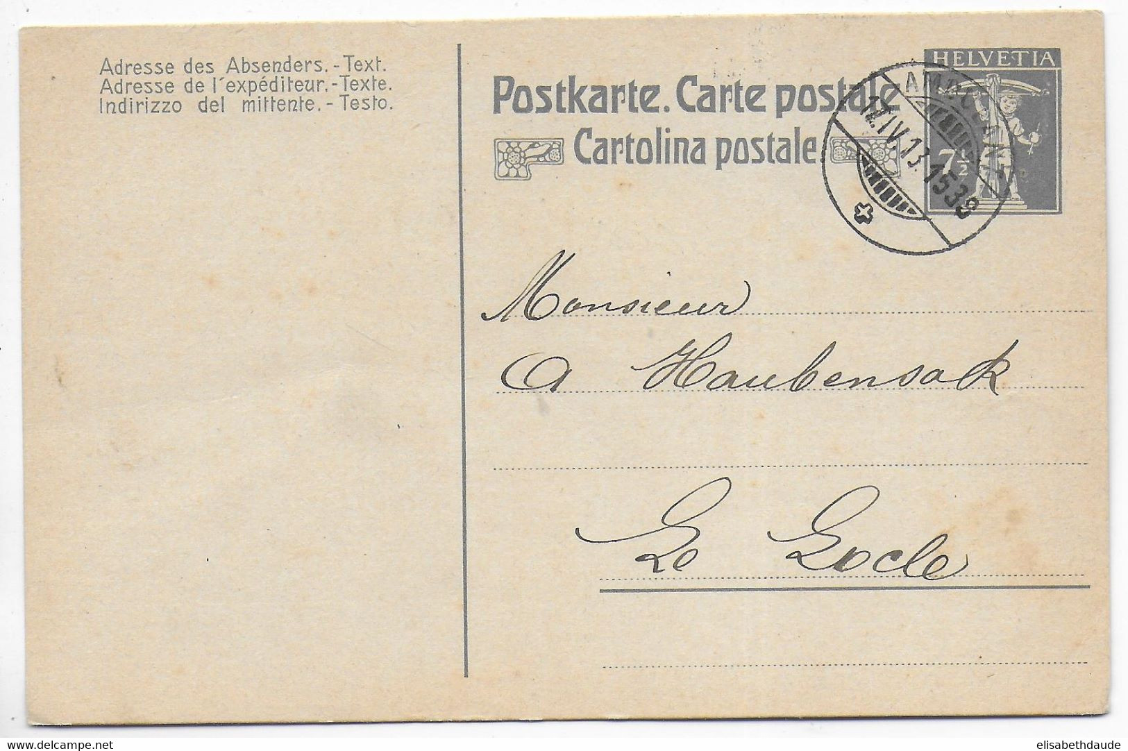 SUISSE - 1913 - CARTE ENTIER Avec CACHET AMBULANT De VERRIERES => LE LOCLE - Poststempel