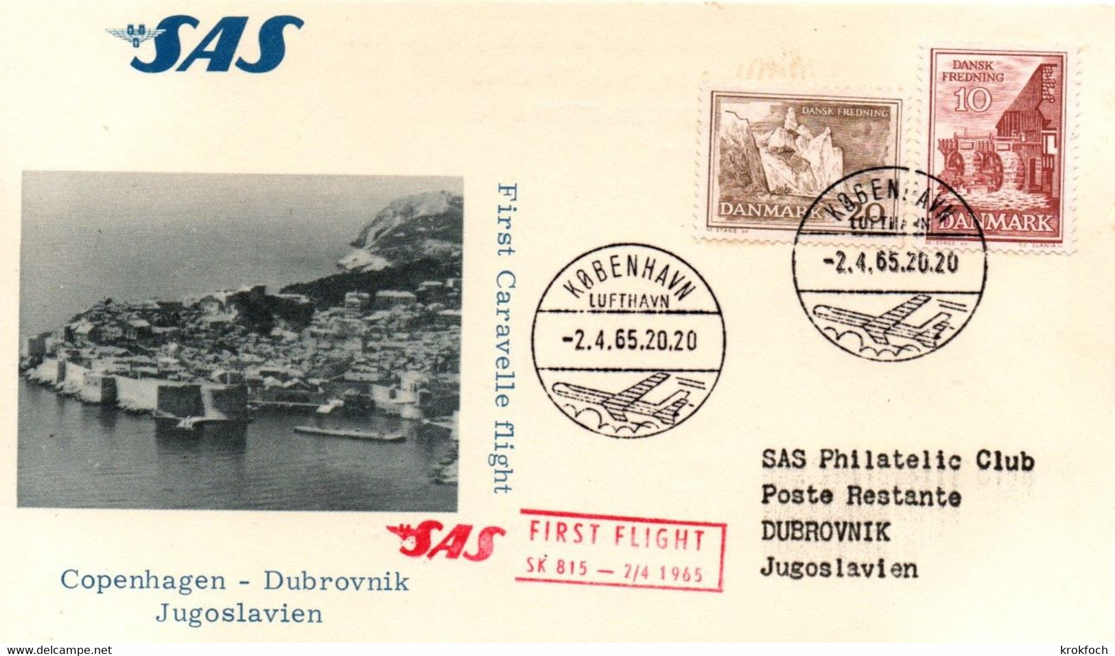 Kobenhavn Dubrovnik 1965 - Inaugural Flight 1er Vol Erstflug Primo Volo - SAS Caravelle - Croatie Yougoslavie - Machines à Affranchir (EMA)