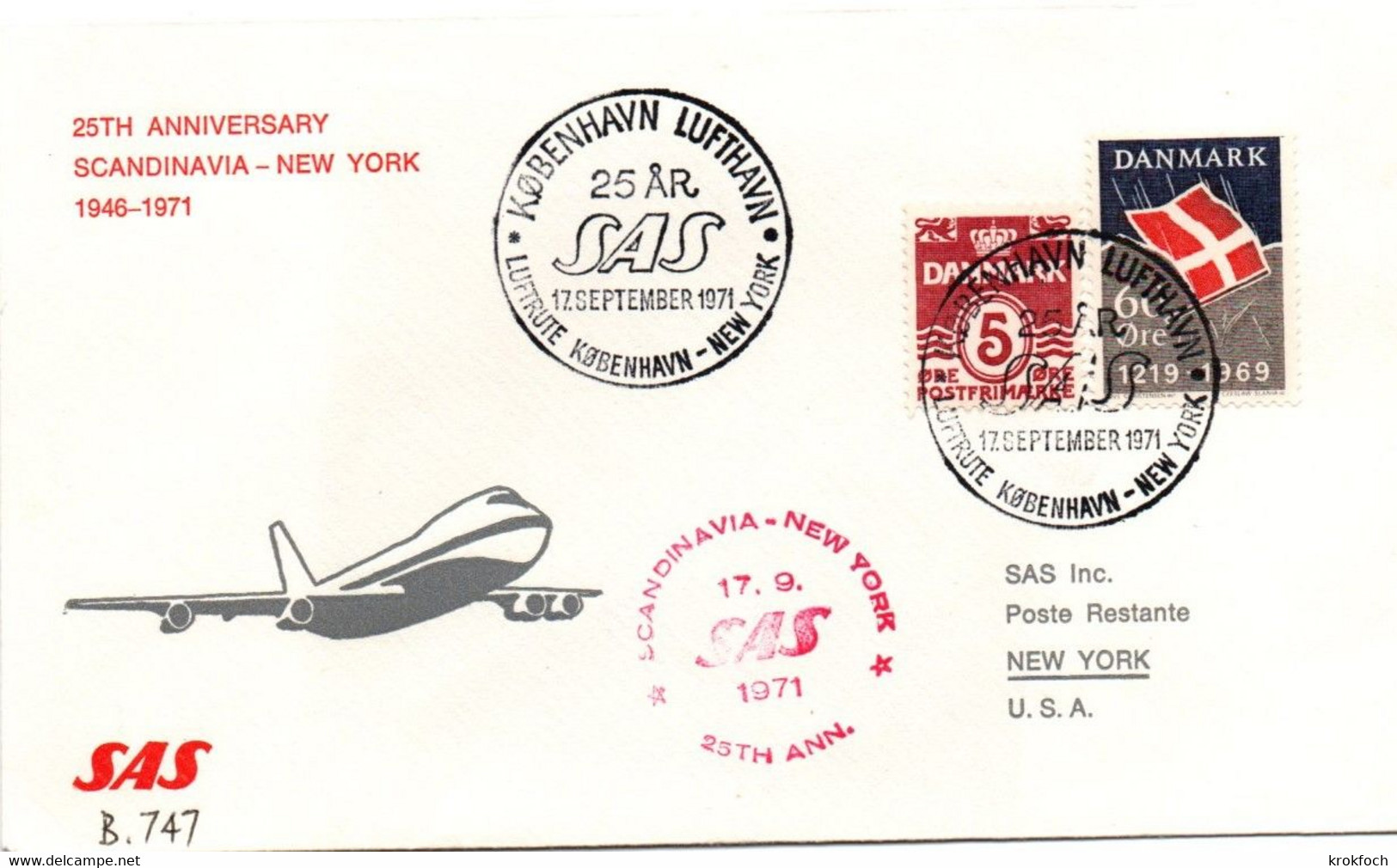 Kobenhavn New York 1971 - 25th Anniversary Inaugural Flight 1er Vol Erstflug Primo Volo - SAS Boeing 747 - Maschinenstempel (EMA)
