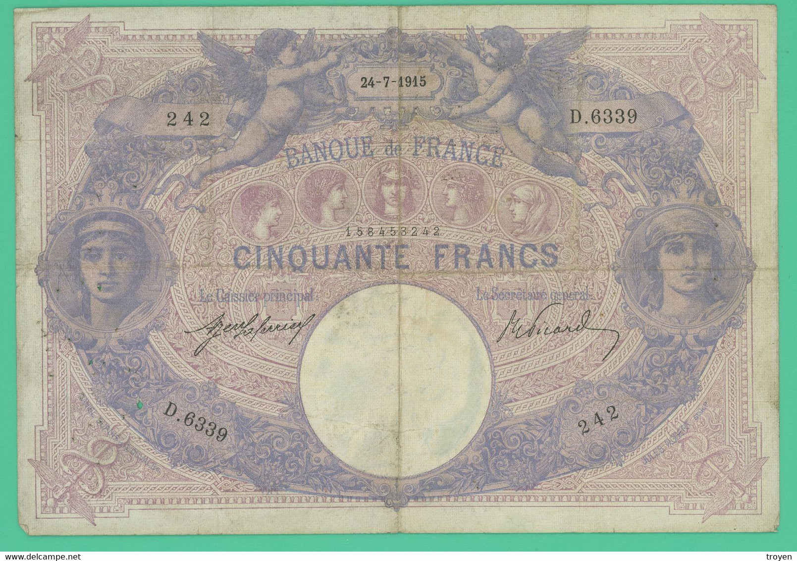 50  Francs - France -  Bleu-Rose - 24-07-1915-  N° D.6339  242 - Beau TB + - - 50 F 1889-1927 ''Bleu Et Rose''