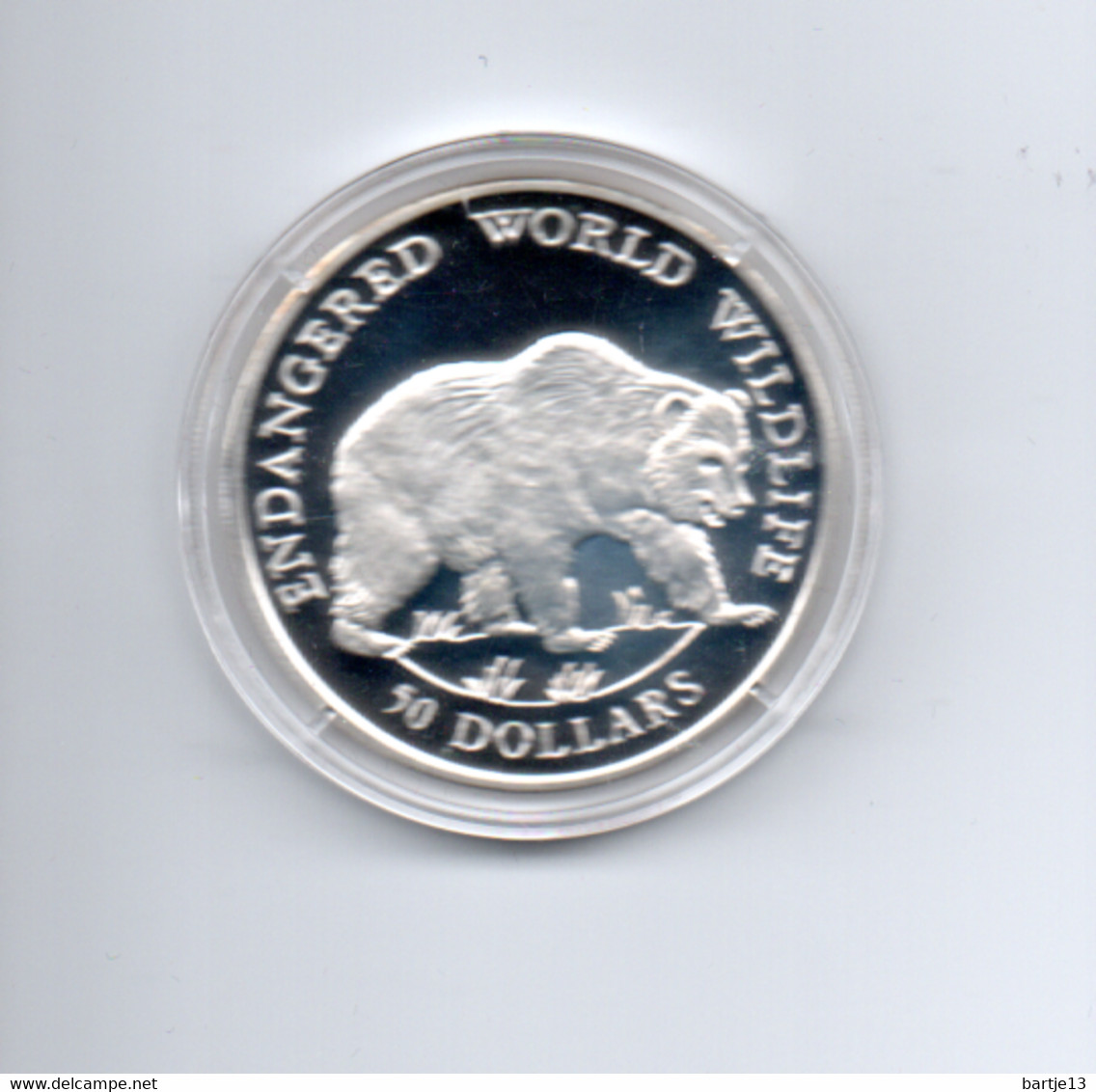 COOK ISLANDS $50 1990 ZILVER PROOF KM52  ENDANGERED WILDLIFE GRIZZLY BEER - Cookeilanden