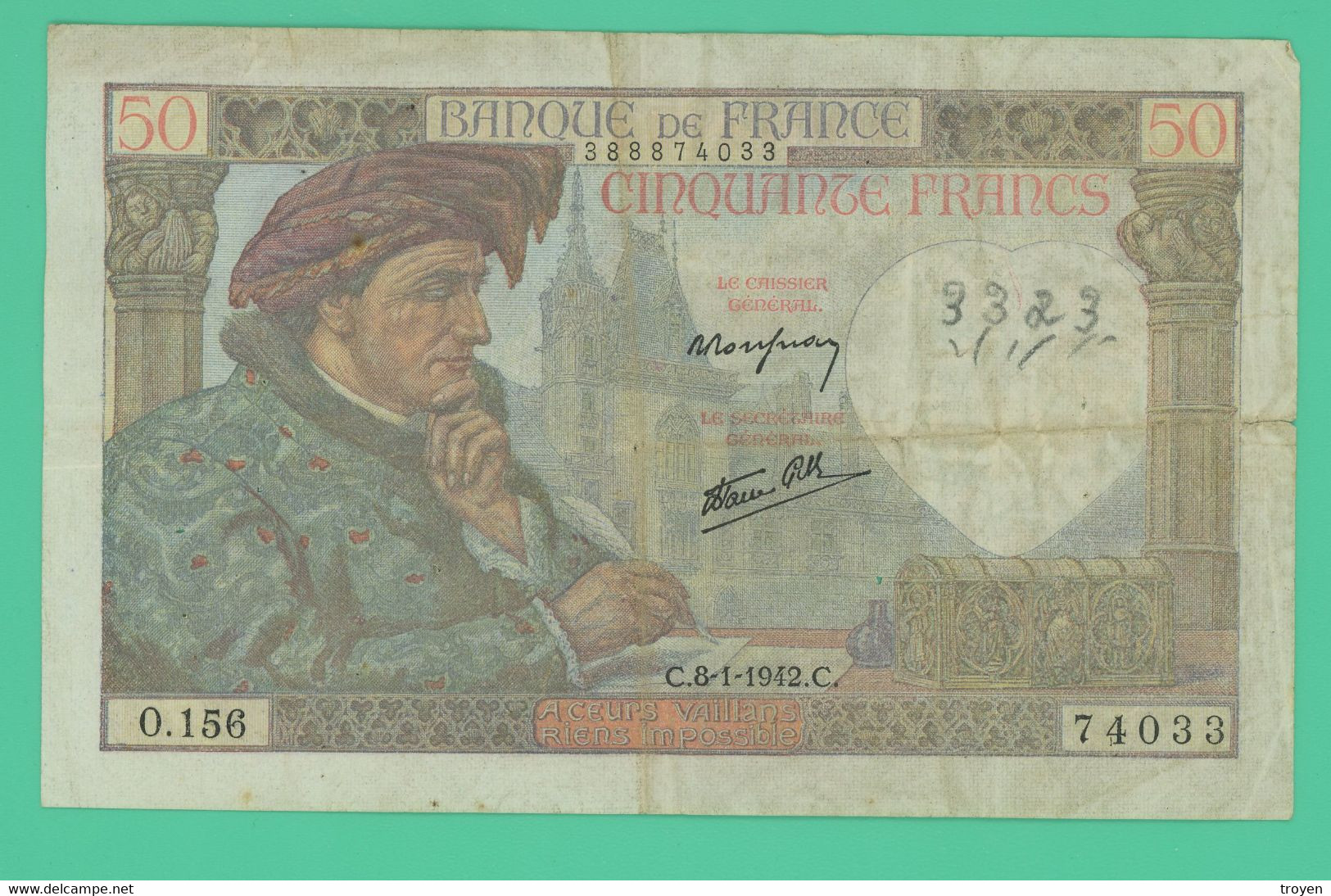 50  Francs - France -  Jacques Coeur -  C.8-1-1942-C -  N° 0.156/74033  - TB + - - 50 F 1940-1942 ''Jacques Coeur''