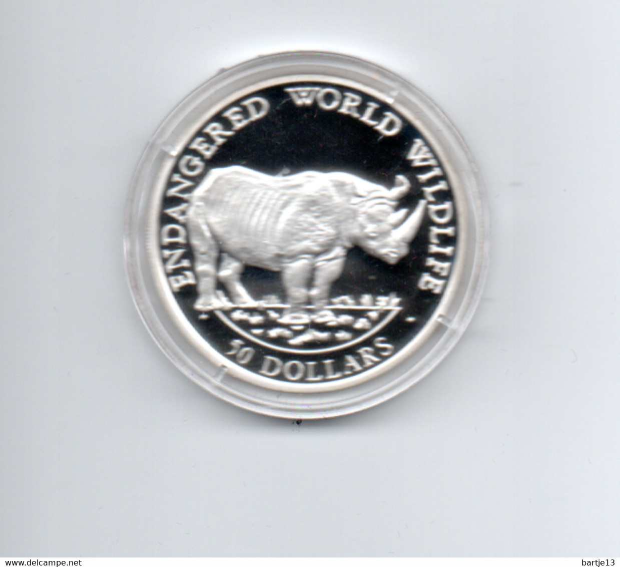 COOK ISLANDS $50 1990 ZILVER PROOF KM55  ENDANGERED WILDLIFE RHINO - Cookinseln