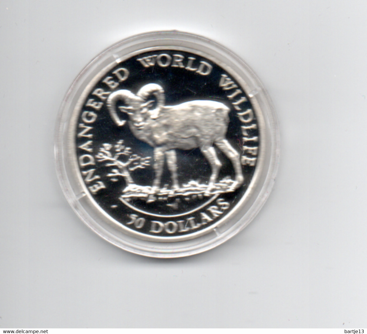 COOK ISLANDS $50 1990 ZILVER PROOF KM56  ENDANGERED WILDLIFE DIKHOORNSCHAAP - Cookinseln