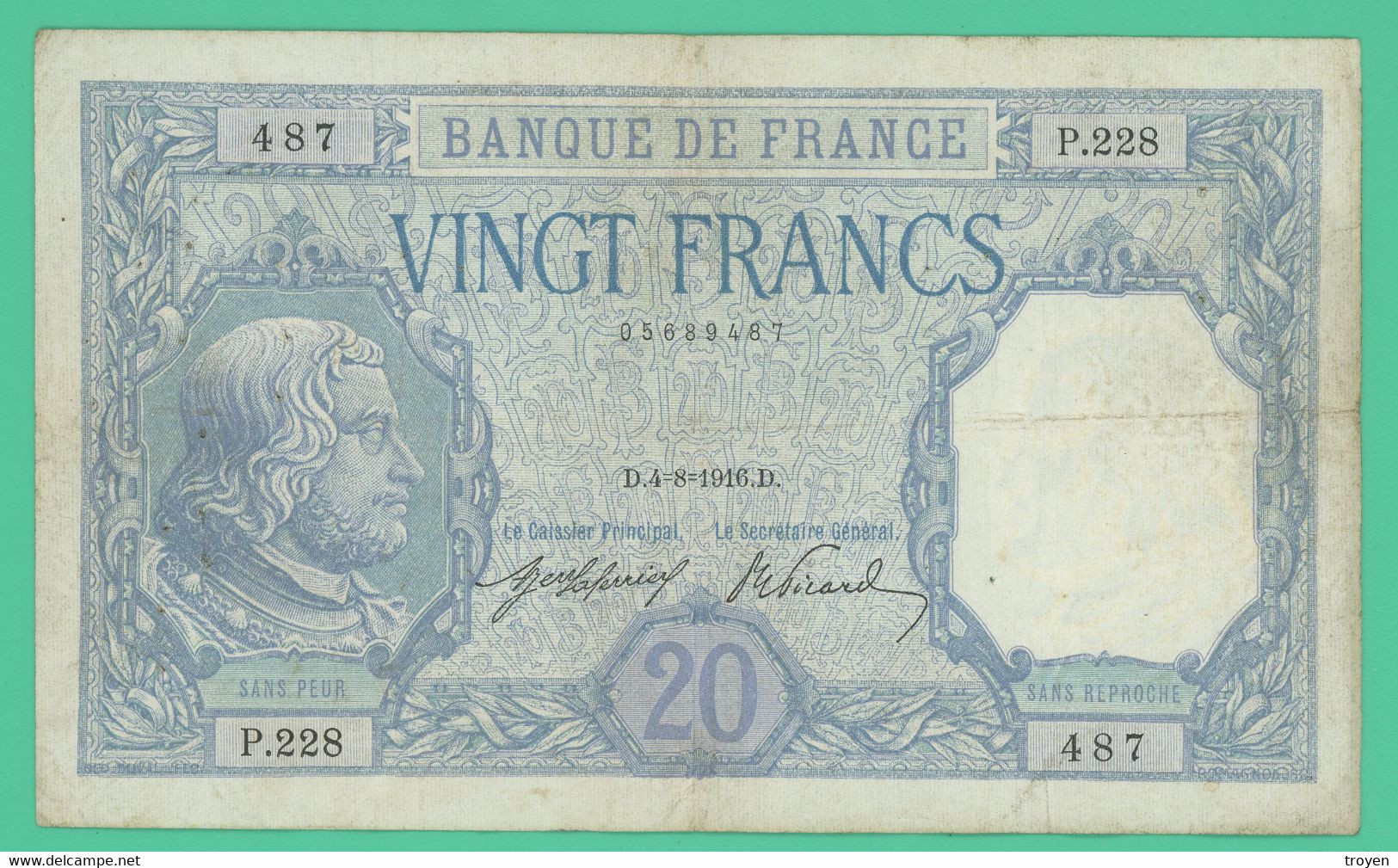 20  Francs - France -  Bayard - D.4=8=1916.D.  -  N° P.228/487 -  TB + - - 20 F 1916-1919 ''Bayard''