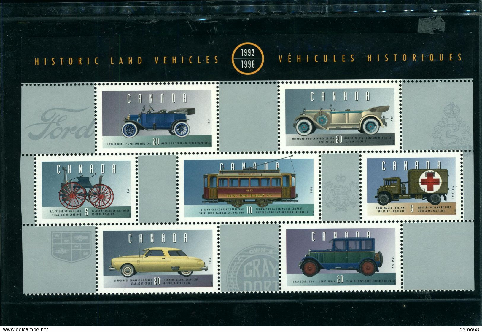 CANADA Timbre Stamp Magnifique Planche 7 Timbres Véhicules Historiques Voitures Anciennes Ford Studebaker Sous Blister - Blocks & Kleinbögen