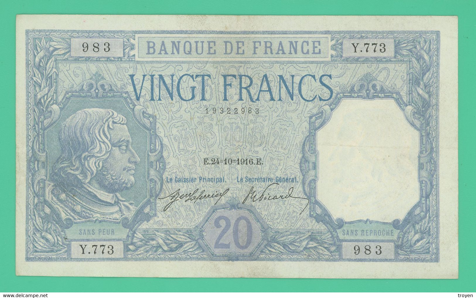 20  Francs - France -  Bayard - E.24=101916.E.  - N° Y.773 / 983 - Sup - - 20 F 1916-1919 ''Bayard''