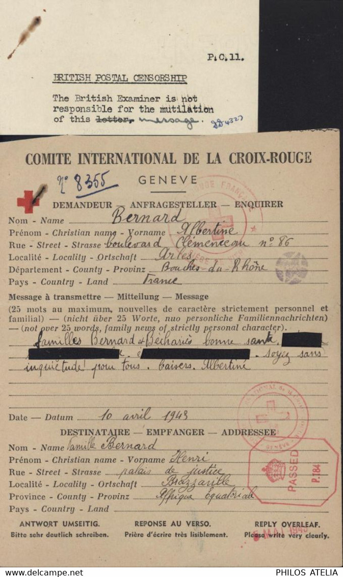 Guerre 40 Message Croix Rouge Arles Pour Brazzaville AEF Congo Mutilé Information Censure Anglaise FM - 2. Weltkrieg 1939-1945