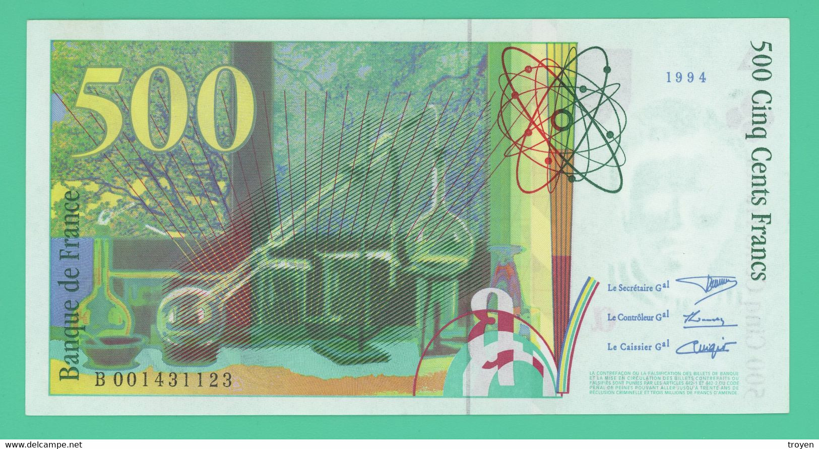 500 Francs - France -  Pierre Et Marie Curie - Neuf -  N°. B 001431123 - 1994 - - 500 F 1994-2000 ''Pierre Et Marie Curie''