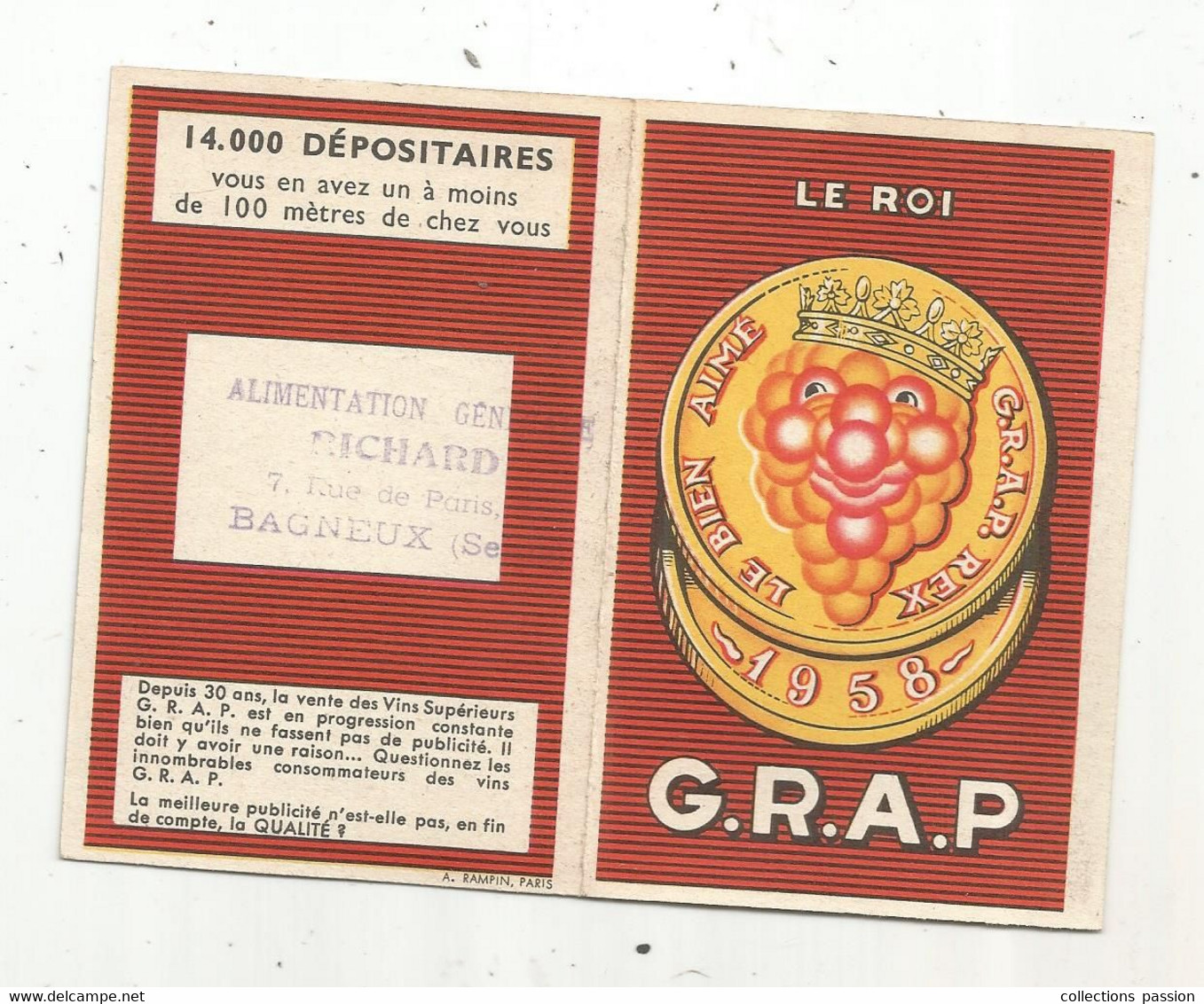 JC , Calendrier ,petit Modèle , VINS G.R.A.P , Alimentation Générale Richard ,BAGNEUX , Seine , 2 Scans - Klein Formaat: 1941-60