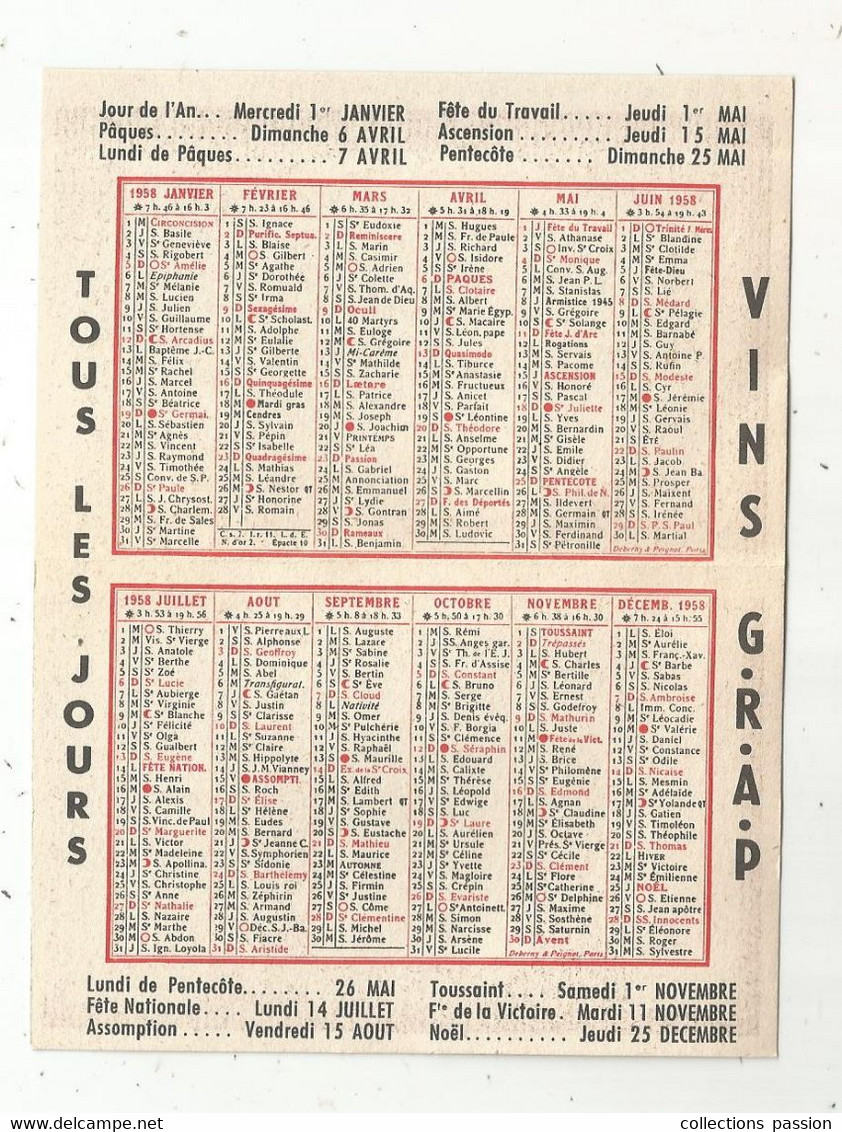 JC , Calendrier ,petit Modèle , VINS G.R.A.P , Alimentation Générale Richard ,BAGNEUX , Seine , 2 Scans - Formato Piccolo : 1941-60