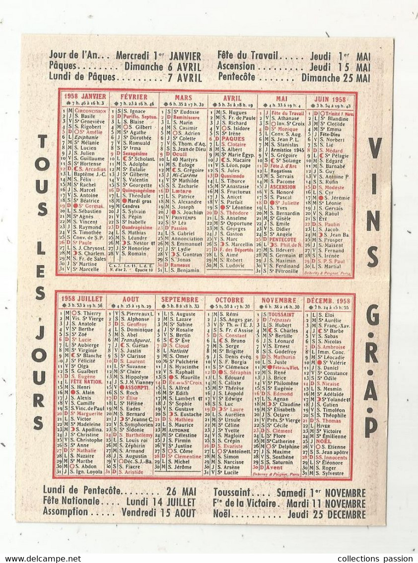 JC , Calendrier ,petit Modèle , VINS G.R.A.P , Alimentation Générale Richard ,BAGNEUX , Seine , 2 Scans - Petit Format : 1941-60