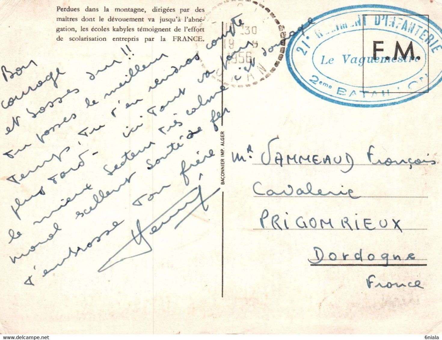 3695 Carte Postale  FM 1956 Franchise Militaire Tampon 21e Régiment Infanterie 2e Bataillon  Le Vaguemestre  (Algérie) - Documentos