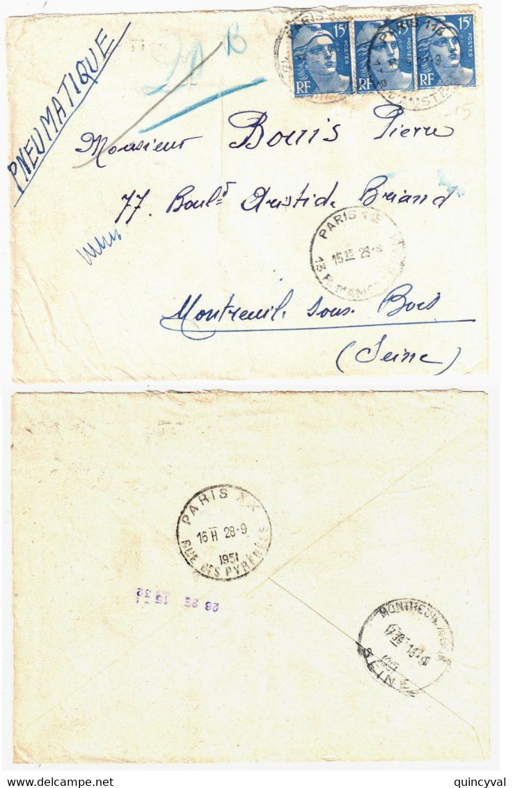 PARIS 118 13 R D'Amsterdam 15 F Gandon Bleu Yv Dest Montreuil Sous Bois Ob 1951 - Storia Postale