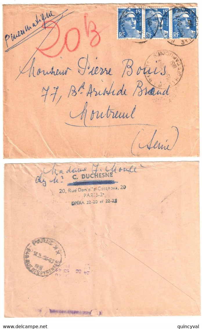 PARIS 81 31 R Des Capucines 15 F Gandon Bleu Yv Dest Montreuil Sous Bois Ob 1951 - Cartas & Documentos