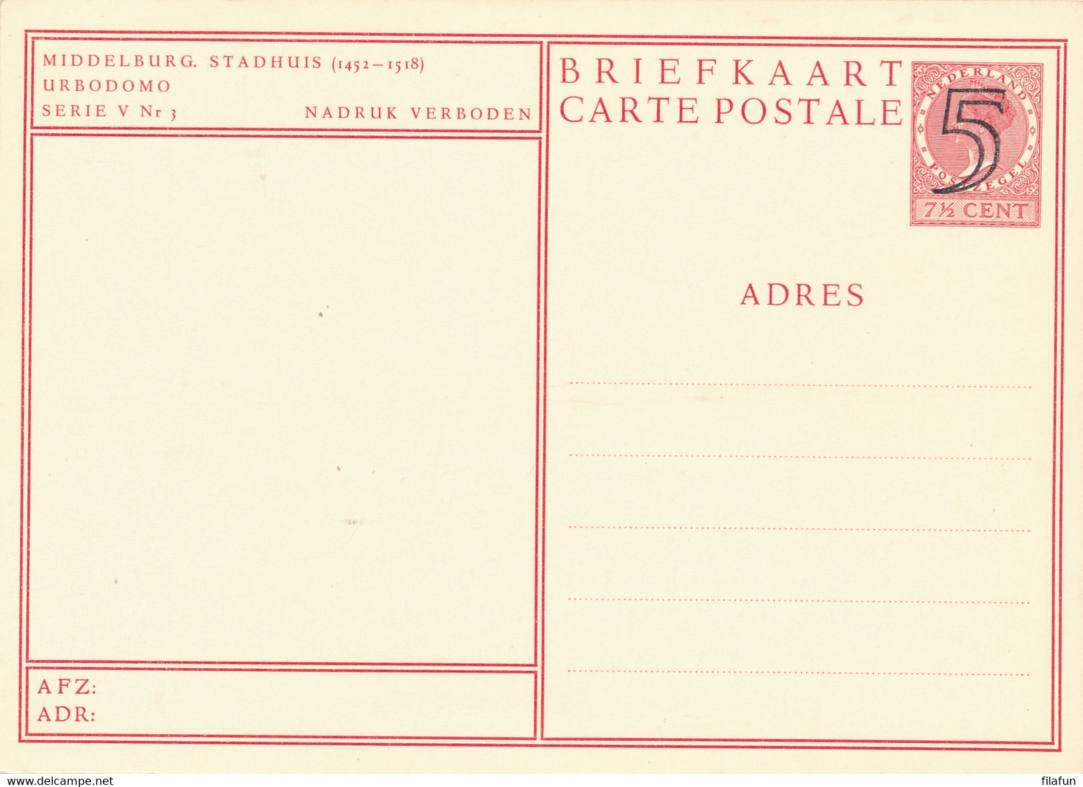 Nederland - 1946 - 5 Op 7,5 Cent Veth, Fotokaart Middelburg - Stadhuis, Briefkaart G284k - Ongebruikt - Postal Stationery