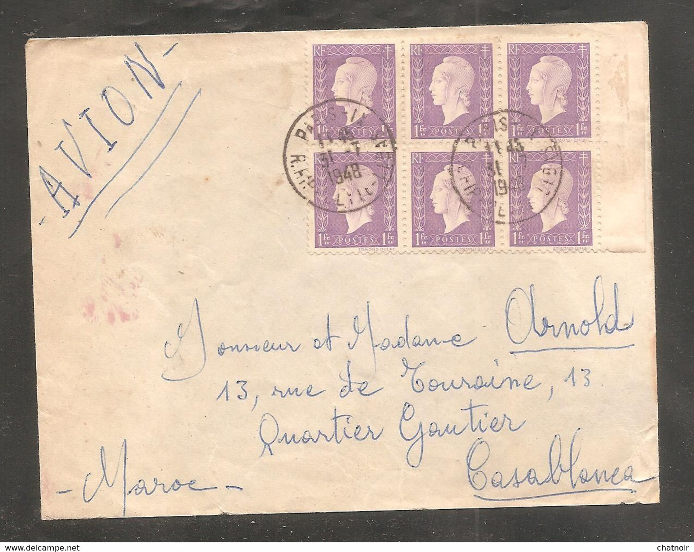 Enveloppe   Avec Un Bloc De 6  Du 1 Fr  Dulac  Bord De Feuille   Oblit  PARIS IX   1948 Pour Le  Maroc - 1944-45 Marianne Of Dulac