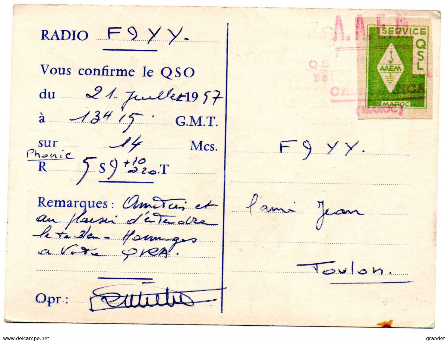 CARTE - RADIO - QSL - MAROC - RABAT - AVIATION - 1957 - Altri & Non Classificati