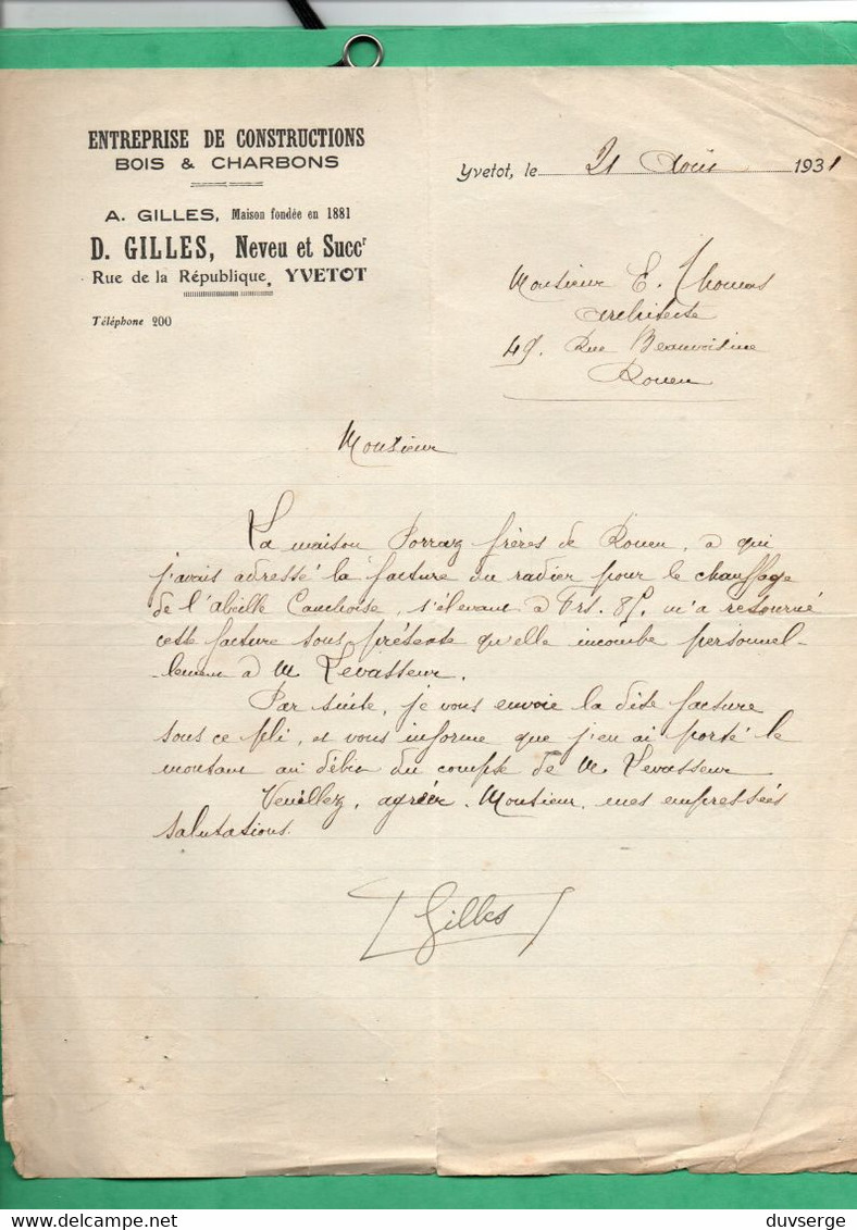 76 Seine Maritime Yvetot 1931 Entreprise De Constructions Bois Et Charbons D.gilles  Document Commercial - Altri & Non Classificati