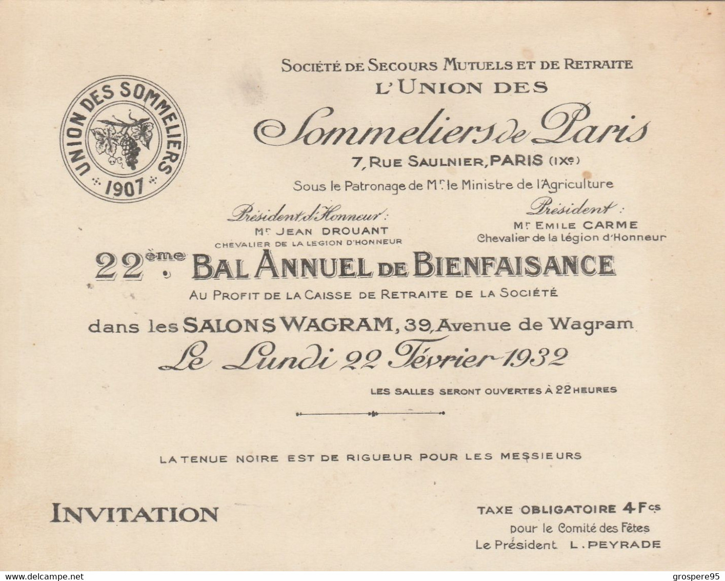 UNION DES SOMMELIERS DE PARIS INVITATION 22ieme BAL ANNUEL 22 FEVRIER 1932 - Autres & Non Classés