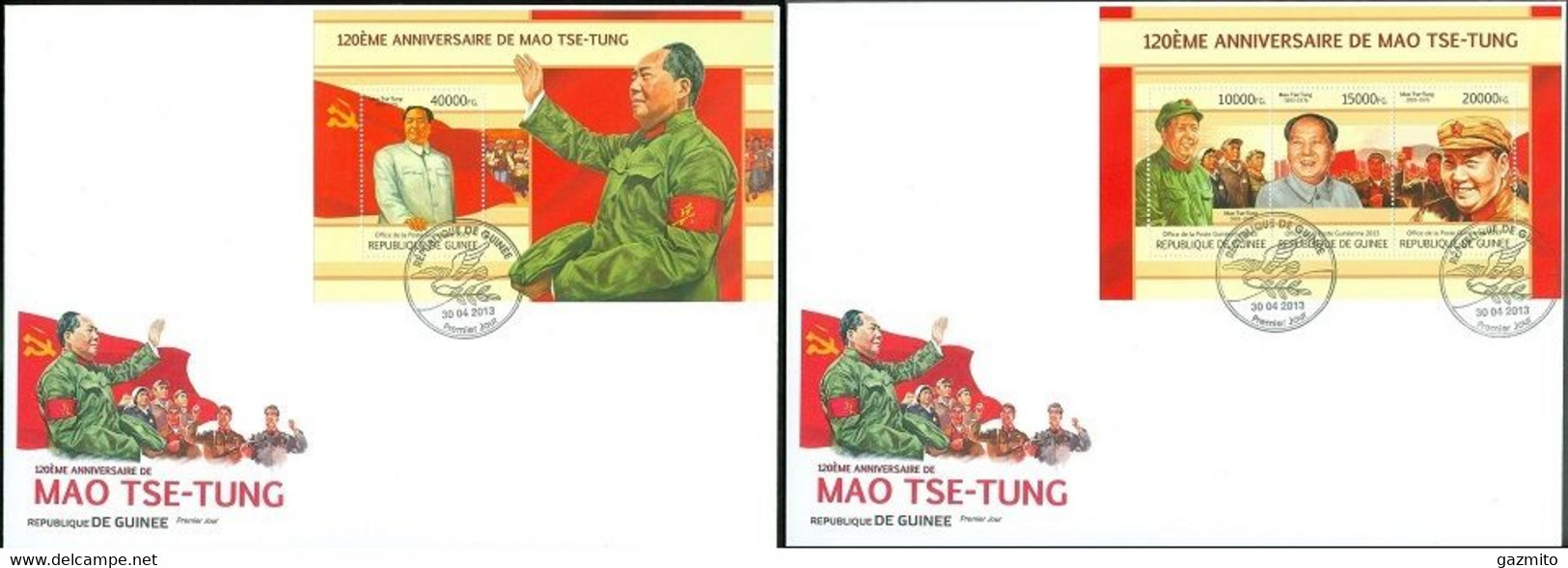 Guinea 2013, 120th Mao Zedong, 3val In BF +BF In 2FDC - Mao Tse-Tung