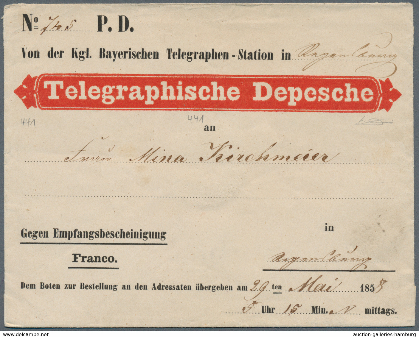 Bayern - Besonderheiten: 1858/1880, "Telegraphische Depesche" Umschlag In Regensburg 1858 Gelaufen U - Other & Unclassified