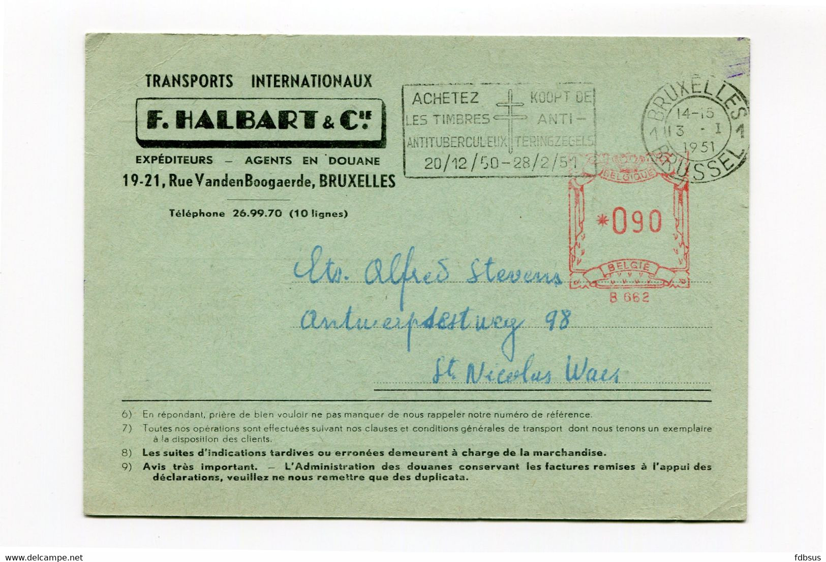 1951 F. Halbart Kaart Brussel 1 Met Kasstempel Koop Antiteringzegels + Rode *090 B662 - ...-1959