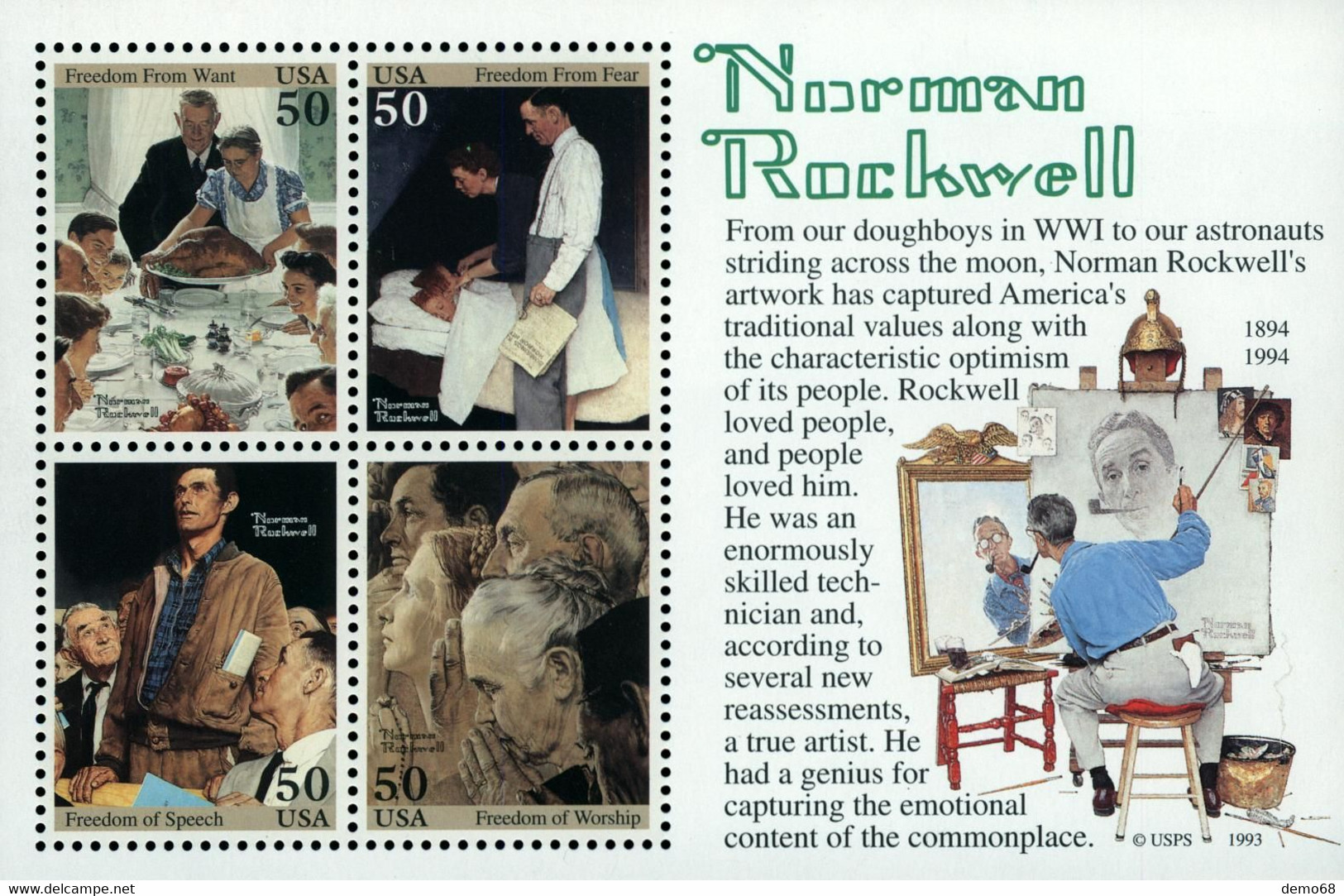 USA Norman Rockwell Feuillet De 4 Timbres Neufs  Stamps Of Freedom New Perfect - Blocks & Kleinbögen