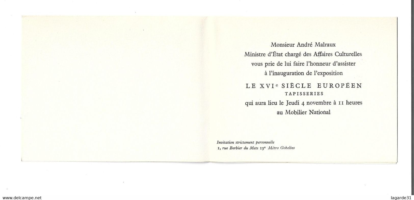 Invitation Exposition XVI E Siecle Europeen André MALRAUX Ministre Des Affaires Culturelles - Programmi