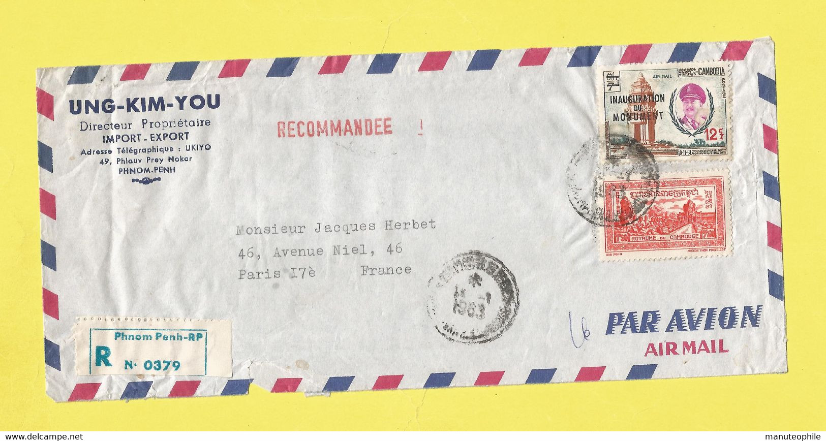 Lettre Recommandée Du Royaume Du  Cambodge Vietnam Avion Pour Paris De Phnom-Penh  Le 10 01 63 - Kambodscha