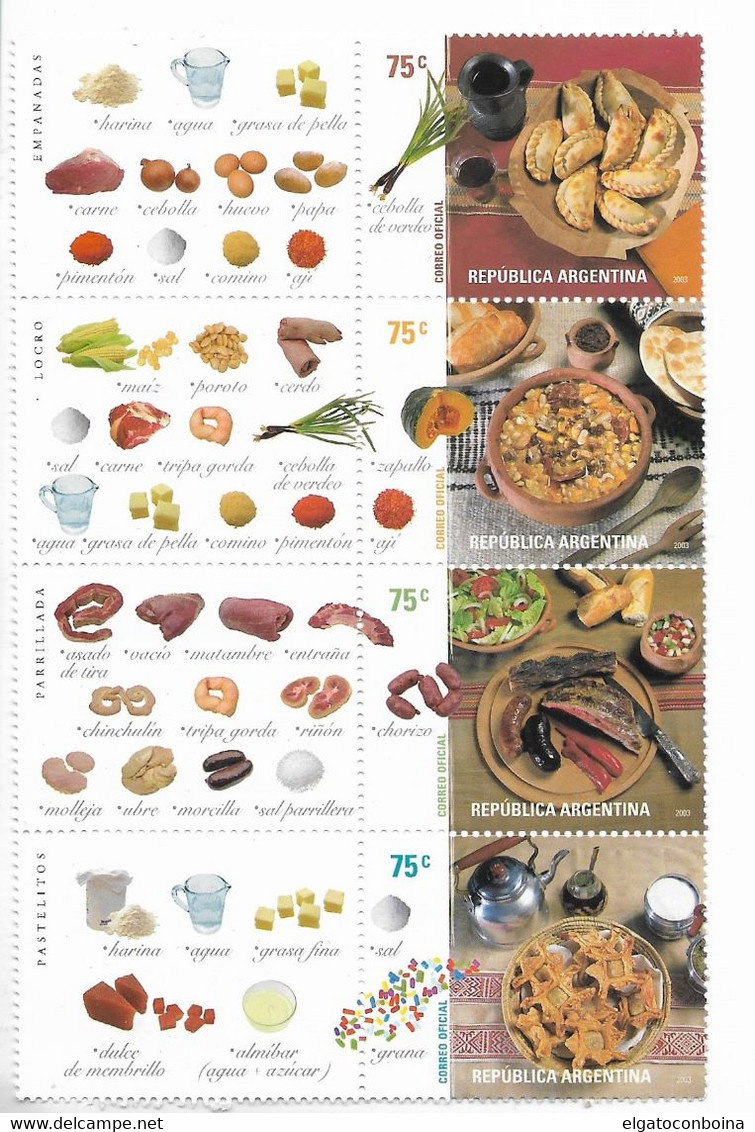 ARGENTINA 2003 TYPICAL FOOD, VEGETABLES, REGIONAL COSTUMES, STRIP + LABELS MNH - Neufs