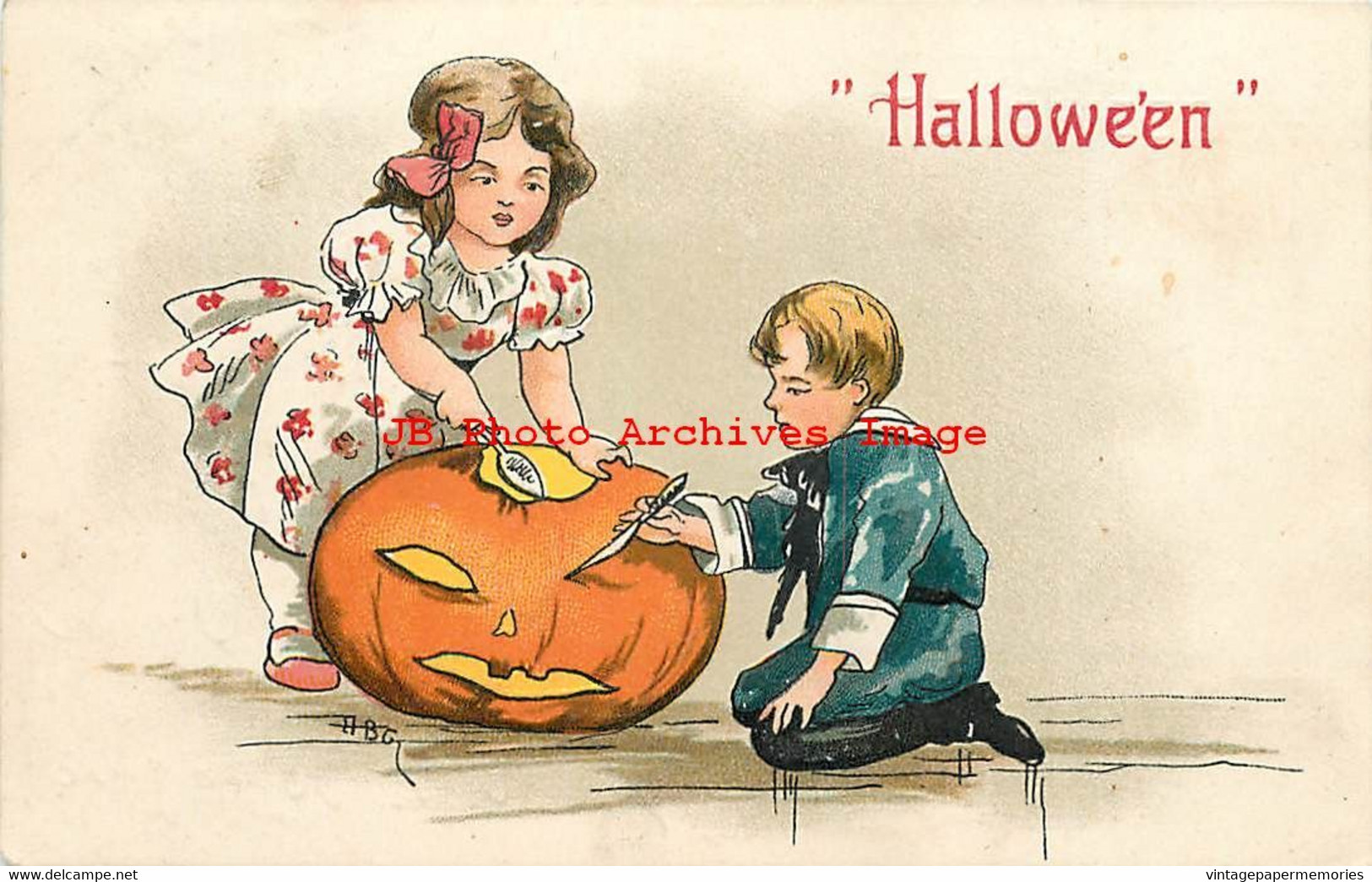 276957-Halloween, Leubrie & Elkus No 2214-2, HB Griggs, Boy & Girl Carving Pumpkin - Halloween