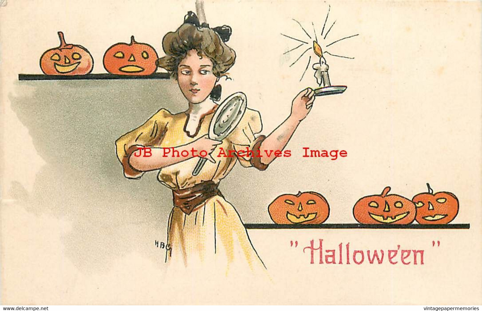 276969-Halloween, Leubrie & Elkus No 2215-3, JOLs Watching Woman With Candle & Mirror - Halloween