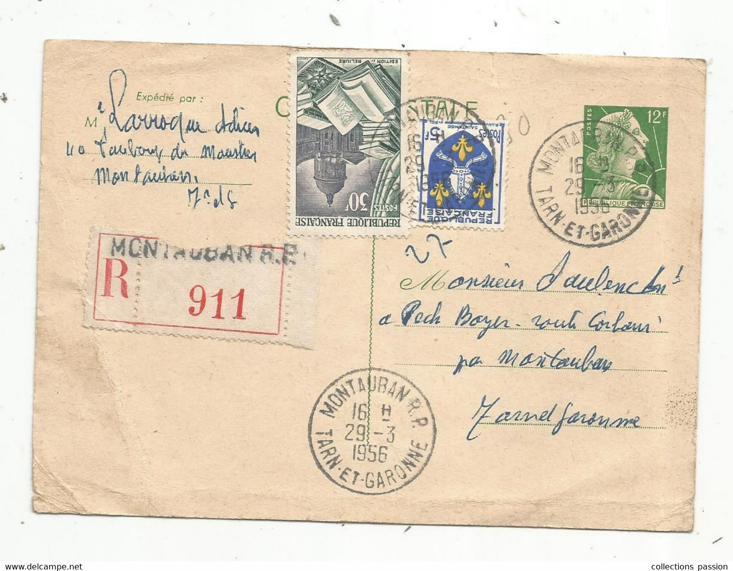 Entier Postal,  Carte Postale, MONTAUBAN R.P. , Tarn Et Garonne ,1956 , R 911 ,recommandé - Standaardpostkaarten En TSC (Voor 1995)