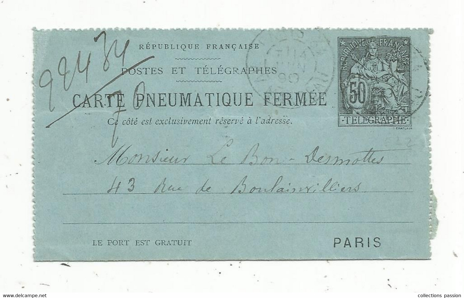 Entier Postal,  Carte Pneumatique Fermée , PARIS ,1898 - Pneumatiques