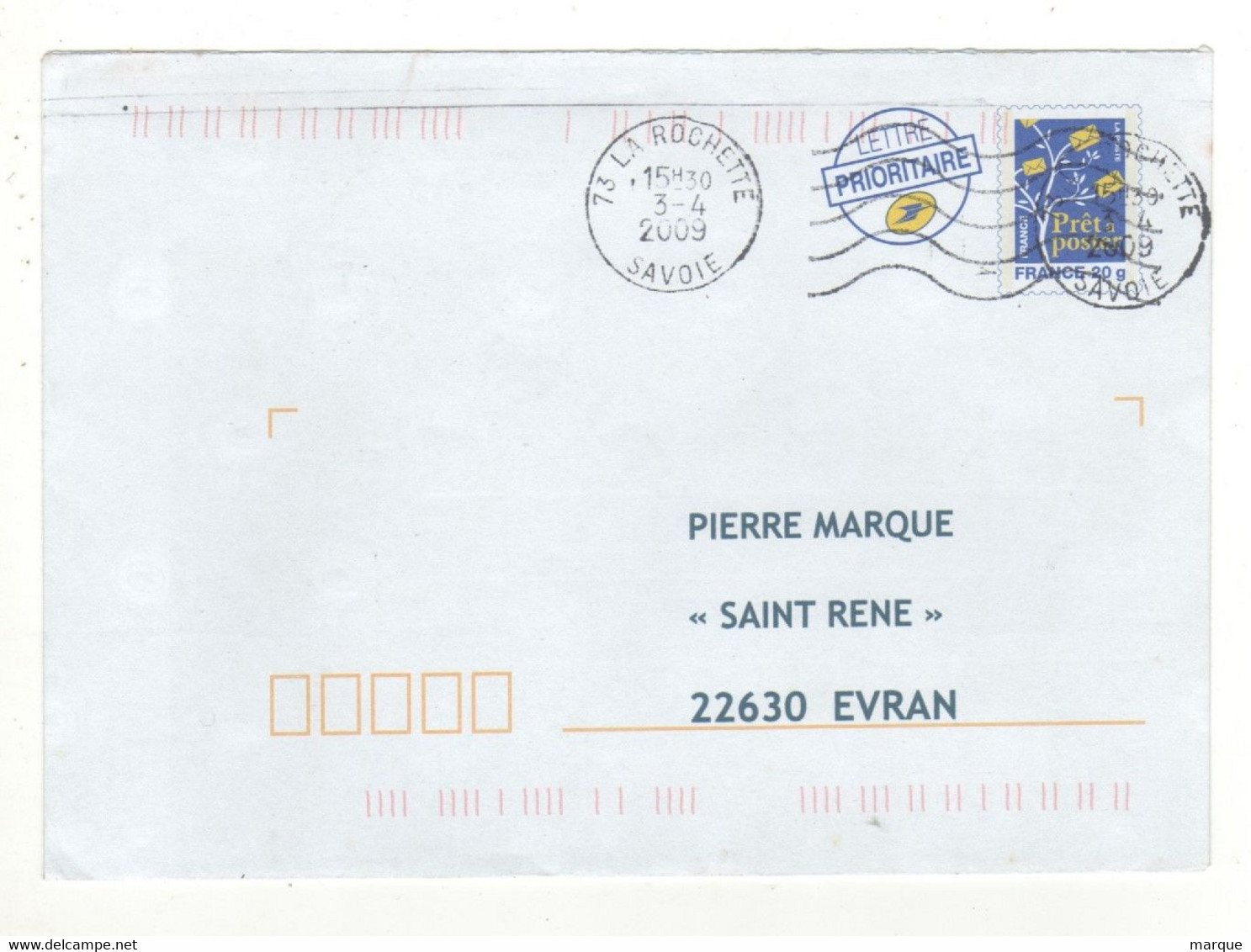 Enveloppe Prêt à Poster FRANCE 20g Oblitération LA ROCHETTE 03/04/2009 - PAP : Bijwerking /Logo Bleu