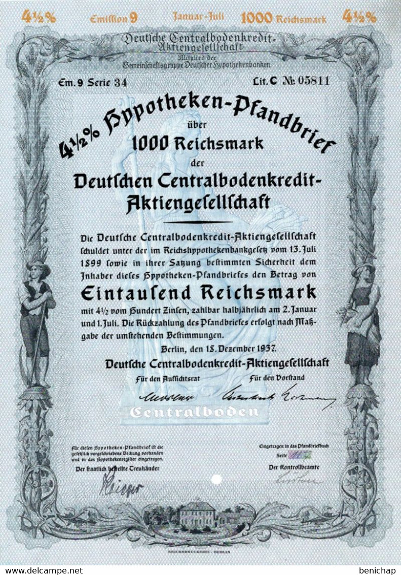 Germany - Berlin 1937 - Deutsche Centralbodenkredit Aktiengesellschaft - 4 1/2%  Hyppotheken über 1000 Reichsmark. - Bank & Insurance