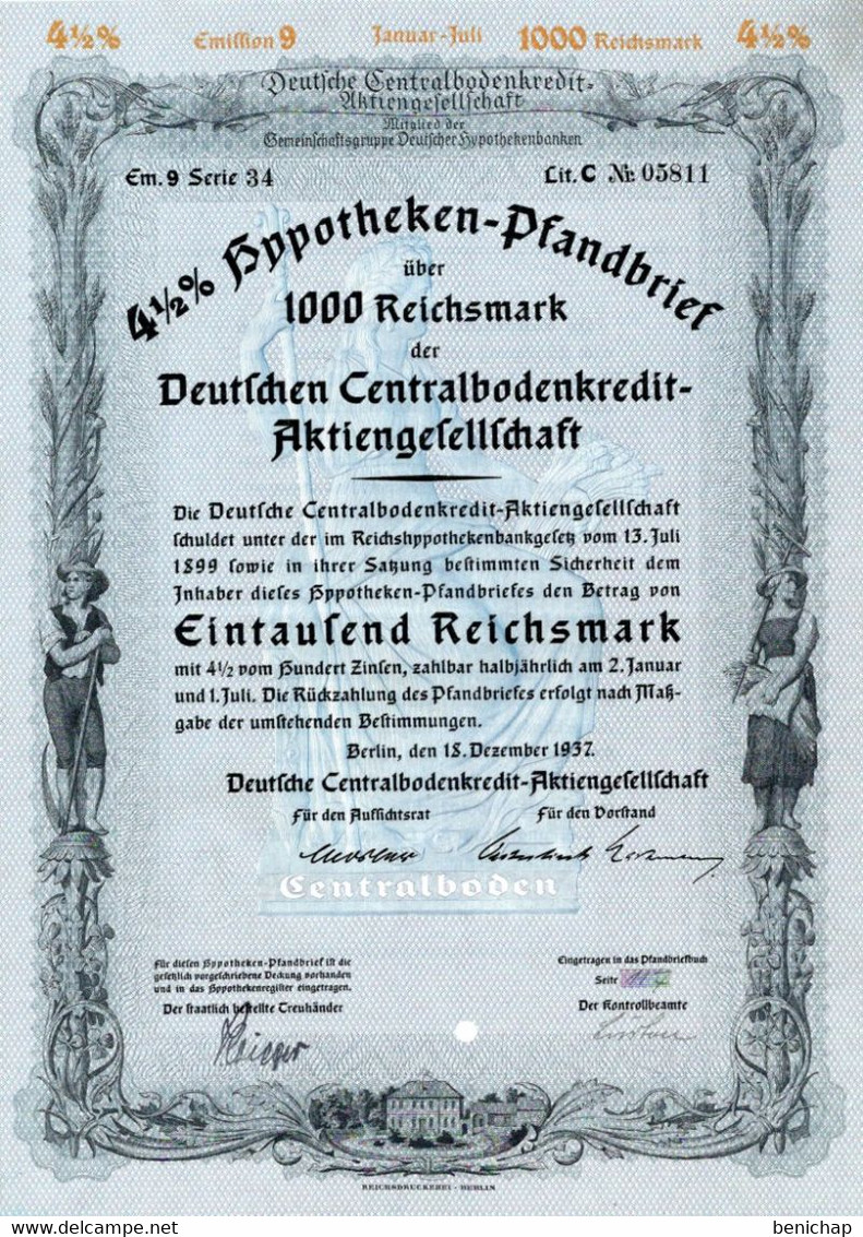 Germany - Berlin 1937 - Deutsche Centralbodenkredit Aktiengesellschaft - 4 1/2%  Hyppotheken über 1000 Reichsmark. - Banque & Assurance