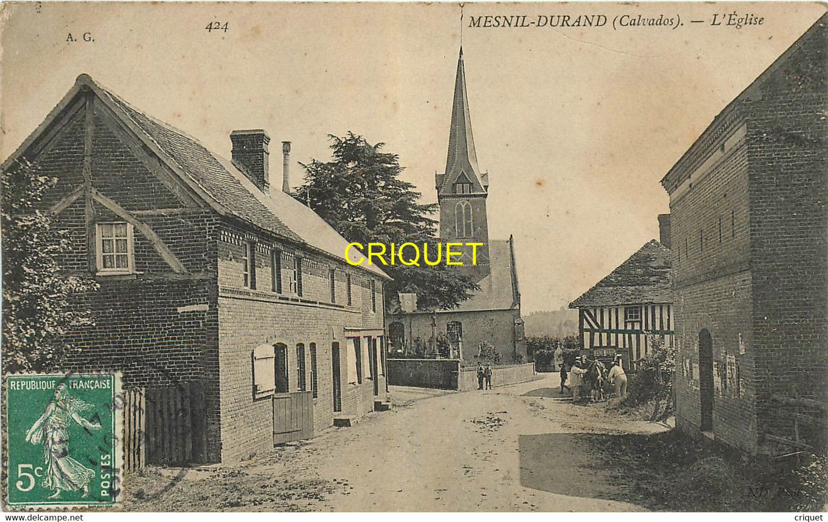 14 Mesnil-Durand, L'Eglise, 2 Hommes Attelant Une Charrette,affranchie 1909 - Other & Unclassified