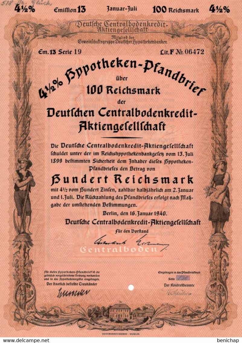 Germany - Berlin 1940 - Deutsche Centralbodenkredit Aktiengesellschaft - 4 1/2%  Hyppotheken über 100 Reichsmark. - Banque & Assurance