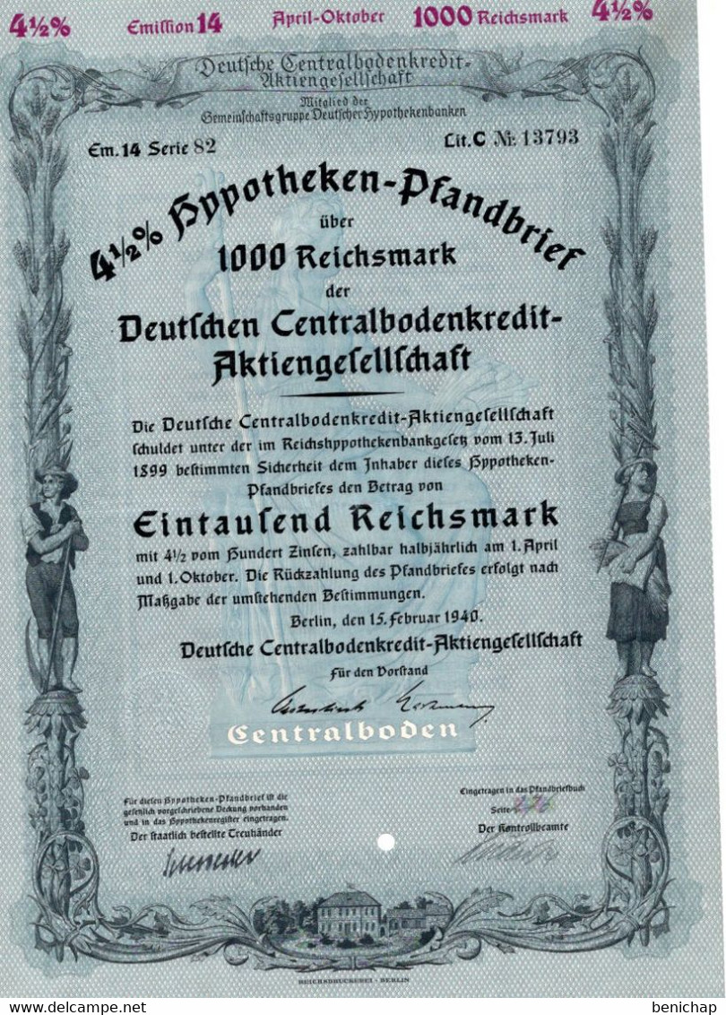 Germany - Berlin 1940 - Deutsche Centralbodenkredit Aktiengesellschaft - 4 1/2%  Hyppotheken über 1000 Reichsmark. - Banque & Assurance