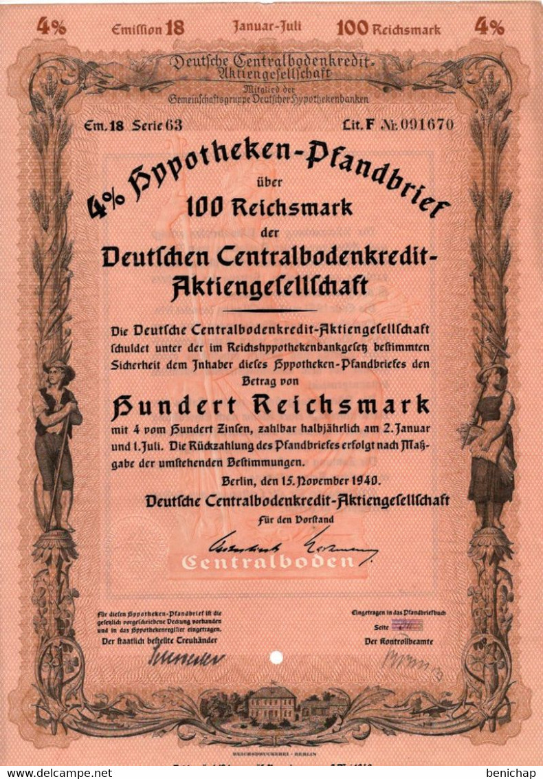 Germany - Berlin 1940 - Deutsche Centralbodenkredit Aktiengesellschaft - 4 %  Hyppotheken über 100 Reichsmark. - Bank En Verzekering