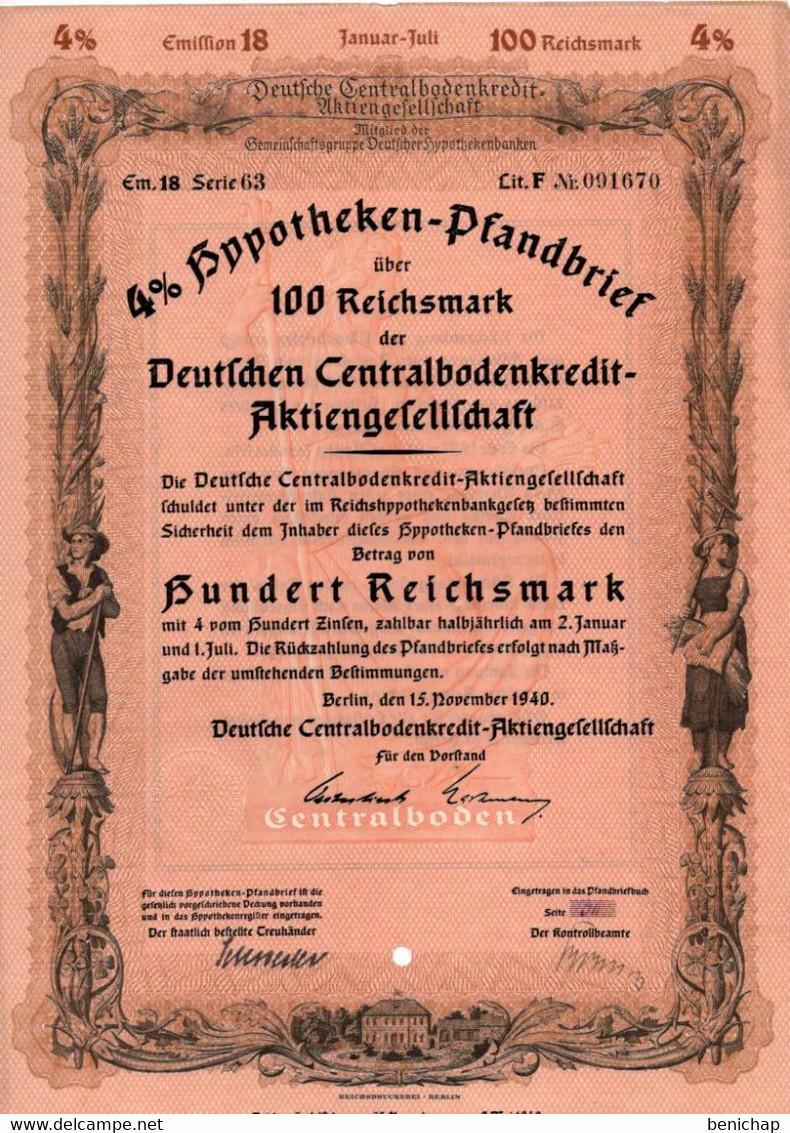 Germany - Berlin 1940 - Deutsche Centralbodenkredit Aktiengesellschaft - 4 %  Hyppotheken über 100 Reichsmark. - Banque & Assurance