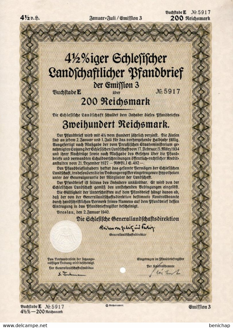 Germany - Breslau 1940 - 4 1/2 %iger - Landschafticher  Pfandbrief - 200 Reischsmark. - Bank & Insurance