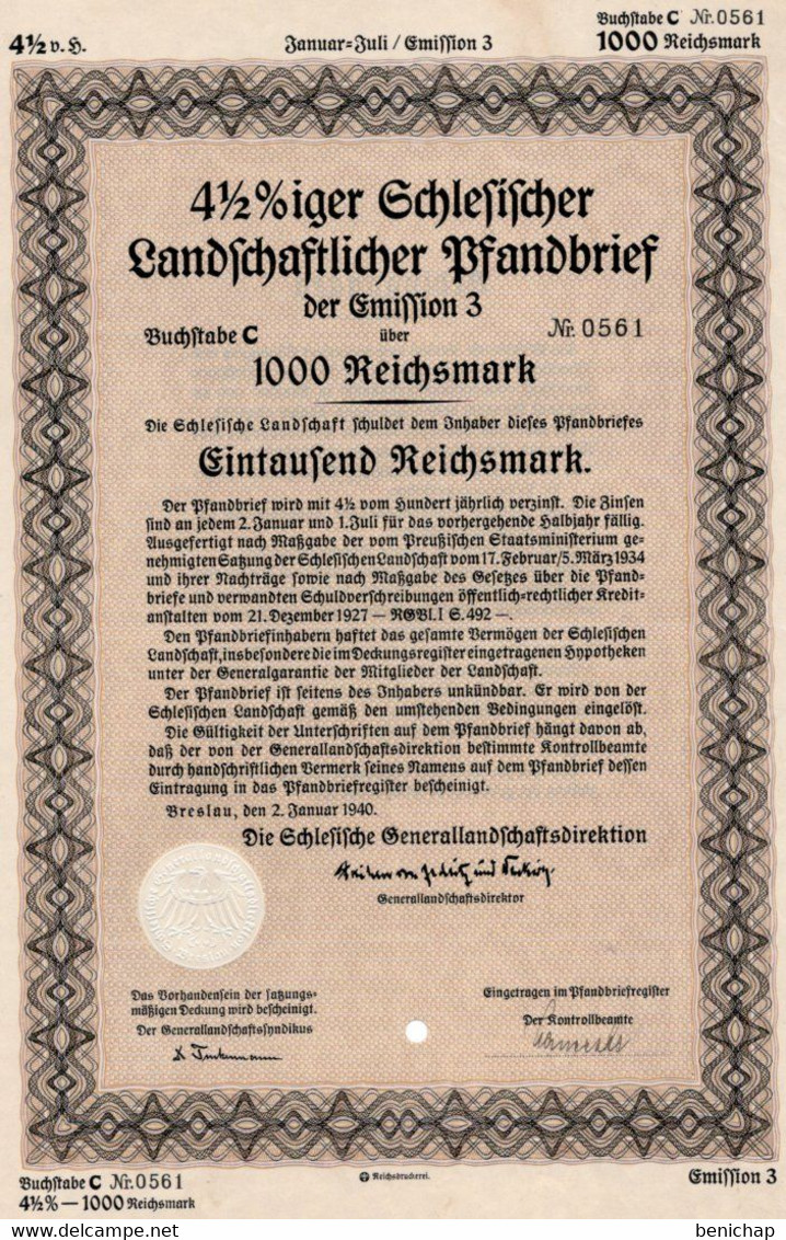 Germany - Breslau 1940 - 4 1/2 %iger - Landschafticher  Pfandbrief - 1000 Reischsmark. - Banque & Assurance