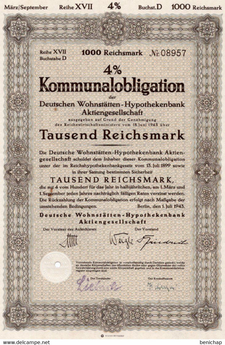 Germany - Berlin 1943-4 % Kommunalobligation Der Deutschen Wohnstätten-Hypothekenbank Aktiengesellschaft 1000 Reichsmark - Bank & Insurance