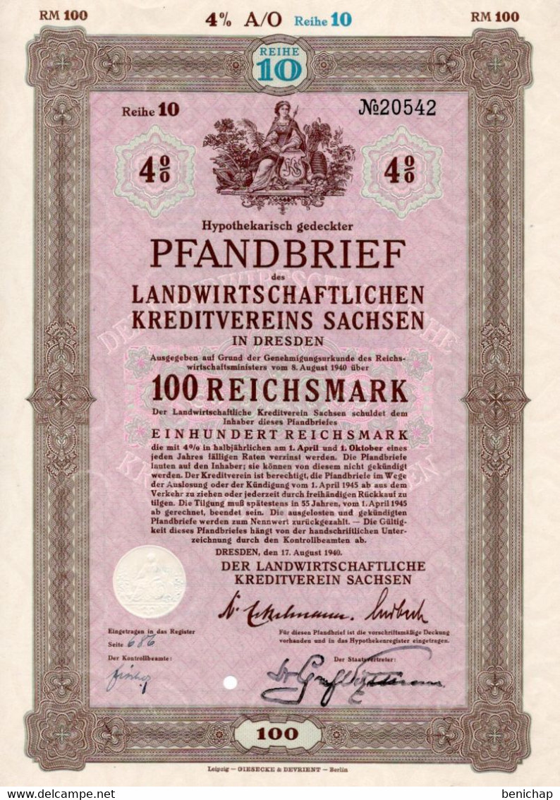 Bank - Banque - Dresden 1940 - Hypothekarisch Gedeckter Pfandbrief Des Landwirtschaftlichen Kreditvereins Sachsen-100 RM - Banque & Assurance